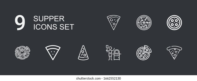 Editable 9 supper icons for web and mobile. Set of supper included icons line Pizza on dark background