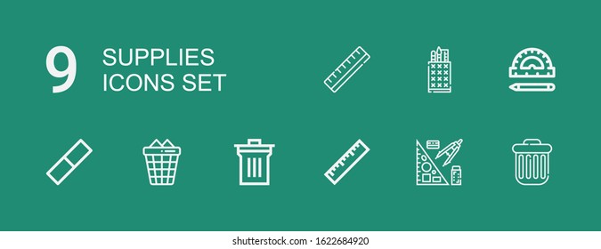 Editable 9 supplies icons for web and mobile. Set of supplies included icons line Trash, Stationery, Ruler, Bin, Trash can, Rubber, Pencil case on green background
