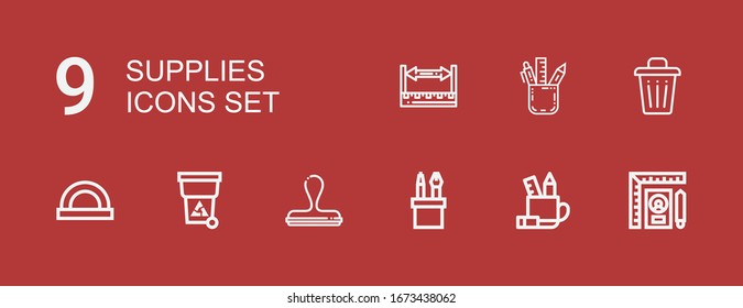 Editable 9 supplies icons for web and mobile. Set of supplies included icons line Ruler, Pencil case, Stamp, Trash, Protractor on red background