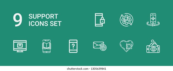 Editable 9 support icons for web and mobile. Set of support included icons line Smartphone, Donation, Failed message, Customer service, Online shop, Setup on green background