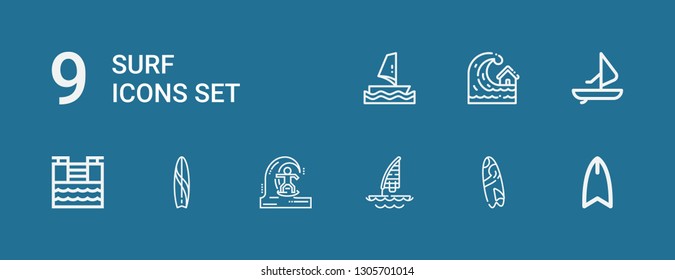 Editable 9 surf icons for web and mobile. Set of surf included icons line Surfboard, Windsurf, Skimboard, Surf board, Tsunami on blue background