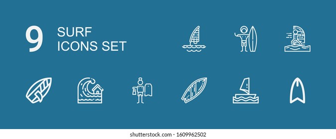 Editable 9 surf icons for web and mobile. Set of surf included icons line Surfboard, Windsurf, Surfing, Tsunami, Windsurfing, Surfer on blue background