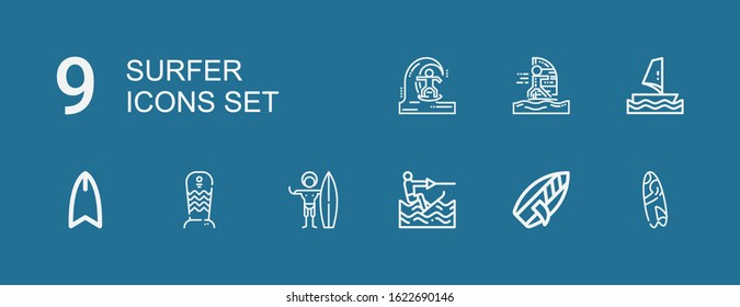 Editable 9 surfer icons for web and mobile. Set of surfer included icons line Surfboard, Wakeboarding, Surfer, Windsurf, Windsurfing, Skimboard on blue background