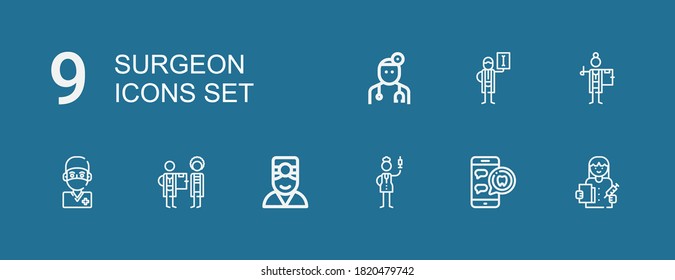 Editable 9 surgeon icons for web and mobile. Set of surgeon included icons line Doctor, Medical appointment, Nurse, Surgeon, Radiologist on blue background
