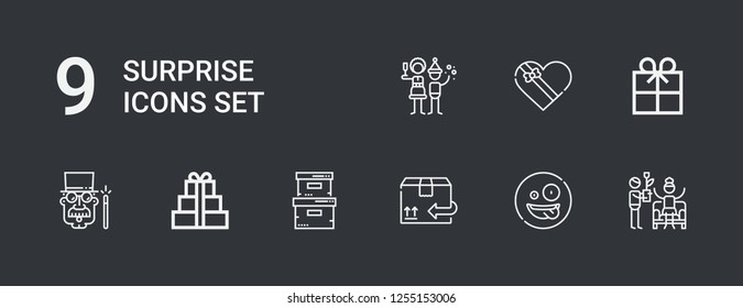 Editable 9 surprise icons for web and mobile. Set of surprise included icons line Party, Surprised, Cardboard, Storage box, Gift, Magician, Gift box, Christmas party on dark background