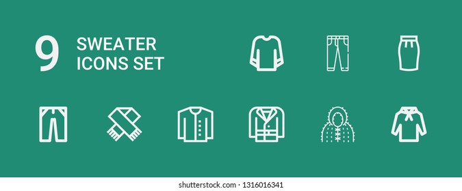 Editable 9 sweater icons for web and mobile. Set of sweater included icons line Hoodie, Coat, Cardigan, Scarf, Jeans, Skirt, Sweatshirt on green background
