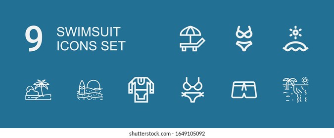 Iconos editables de traje de baño para web y móvil. Juego de traje de baño con iconos línea Beach, Swimsuit, Bikini, Tunic sobre fondo azul
