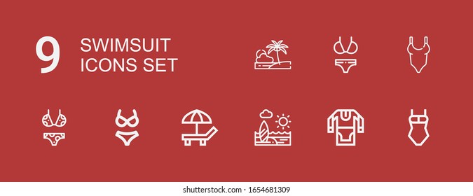 Iconos editables de traje de baño para web y móvil. Juego de traje de baño con iconos línea Swimsuit, Tunic, Beach, Bikini sobre fondo rojo