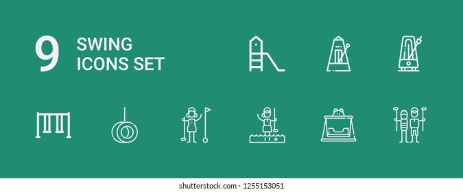 Editable 9 swing icons for web and mobile. Set of swing included icons line Golfer, Swing, Metronome, Playground on green background