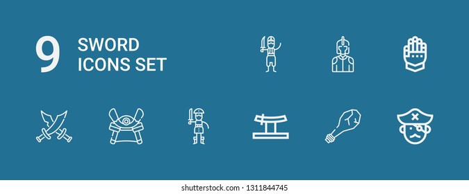 Editable 9 sword icons for web and mobile. Set of sword included icons line Pirate, Weapon, Katana, Samurai, Swords, Gauntlet, Knight on blue background