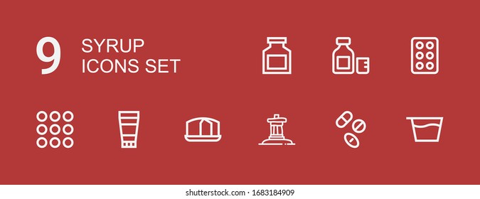 Editable 9 syrup icons for web and mobile. Set of syrup included icons line Syrup, Drugs, Inukshuk, Sponge cake, Ointment, Caramel, Drug on red background