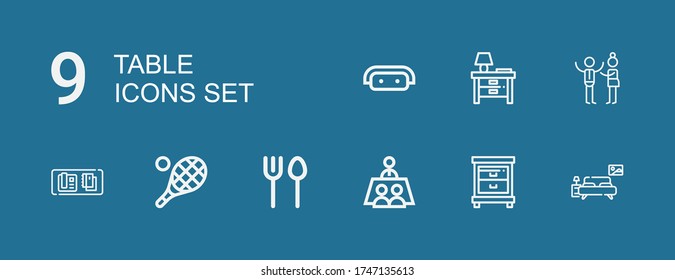 Editable 9 table icons for web and mobile. Set of table included icons line Bedroom, Nightstand, Meeting, Cutlery, Tennis, Table, Discussion, Sofa on blue background