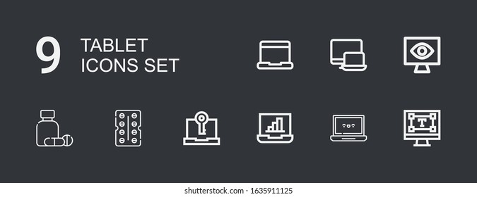 Editable 9 tablet icons for web and mobile. Set of tablet included icons line Typography, Laptop, Computer, Antibiotic, Medicine, Monitoring, Responsive on dark background