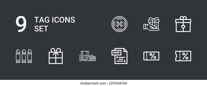 Editable 9 tag icons for web and mobile. Set of tag included icons line Sale, Voucher, Php, Scan, Gift, Bullets, Helipad on dark background