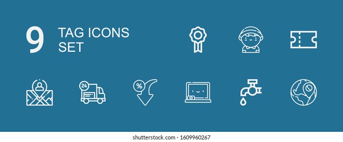 Editable 9 tag icons for web and mobile. Set of tag included icons line Location, Tap, Chalkboard, Discount, Delivery, Position, Coupon, Delivery man, Badge on blue background
