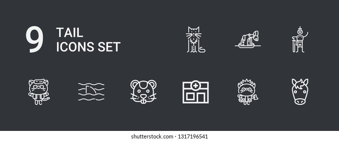 Editable 9 tail icons for web and mobile. Set of tail included icons line Horse, Kitty, Veterinary, Hamster, Shark, Swallow, Whale, Cat on dark background