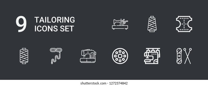 Editable 9 tailoring icons for web and mobile. Set of tailoring included icons line Knit, Sewing machine, Bobbin, Tie, Thread, Leather on dark background