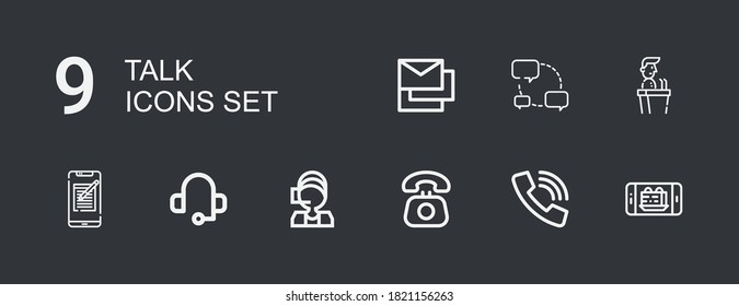 Editable 9 talk icons for web and mobile. Set of talk included icons line Phone, Call, Telephone, Call center, Headset, Smartphone, Speech, Chat, Messages on dark background