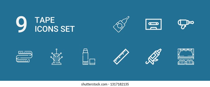 Editable 9 tape icons for web and mobile. Set of tape included icons line Cinema, Caulk gun, Ruler, Glue, Pincushion, Measuring tape, Blaster, Cassette on blue background