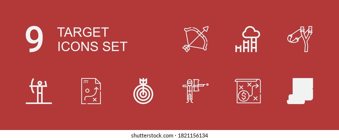 Iconos de destino editables para web y móvil. Juego de objetivos incluidos iconos línea Inicio, Estrategia, Paintball, Objetivo, Arco, Slingshot, Objetivo sobre fondo rojo
