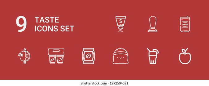 Editable 9 taste icons for web and mobile. Set of taste included icons line Apple, Drink, Coffee, Salt on red background
