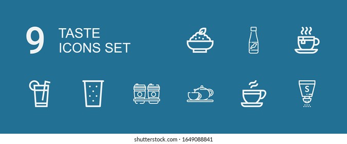Editable 9 iconos de sabor para web y móvil. Conjunto de gustos incluidos los íconos línea Sal, Café, Café, Bebé, Té taza, Gachas sobre fondo azul
