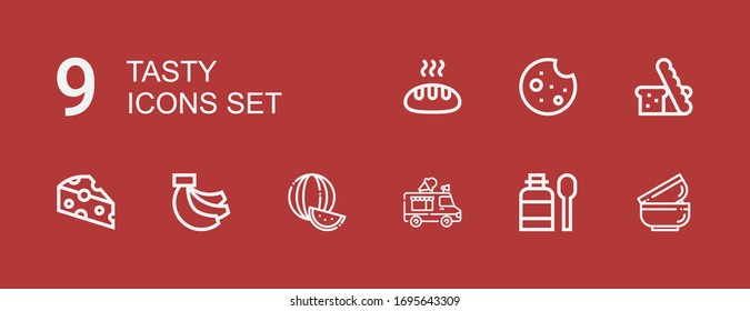Editable 9 tasty icons for web and mobile. Set of tasty included icons line Bowls, Syrup, Ice cream truck, Watermelon, Bananas, Cheese, Bread, Cookie on red background