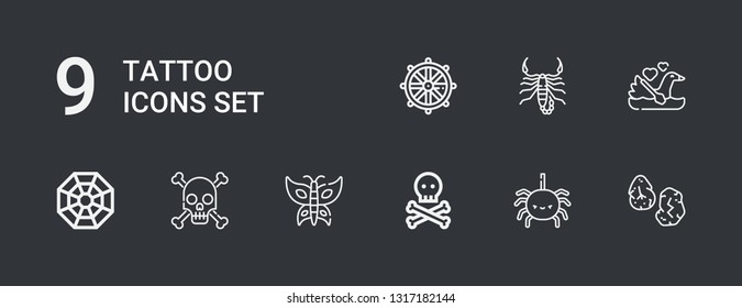 Editable 9 tattoo icons for web and mobile. Set of tattoo included icons line Runes, Spider, Skull, Butterfly, Pagan, Swan, Scorpion, Dharma wheel on dark background