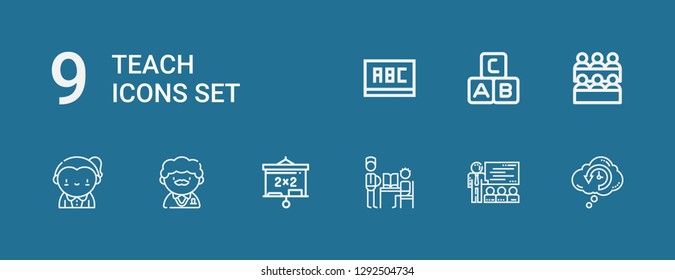 Editable 9 teach icons for web and mobile. Set of teach included icons line Retrocognition, Teacher, Blackboard, Classroom, Abc on blue background
