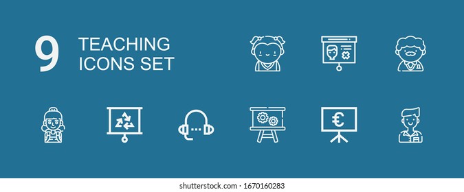 Editable 9 teaching icons for web and mobile. Set of teaching included icons line Student, Presentation, Lesson, Teacher on blue background