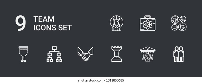 Editable 9 team icons for web and mobile. Set of team included icons line Hugging, Organization, Strategy, Agreement, Hierarchical structure, Goblet, Communication on dark background