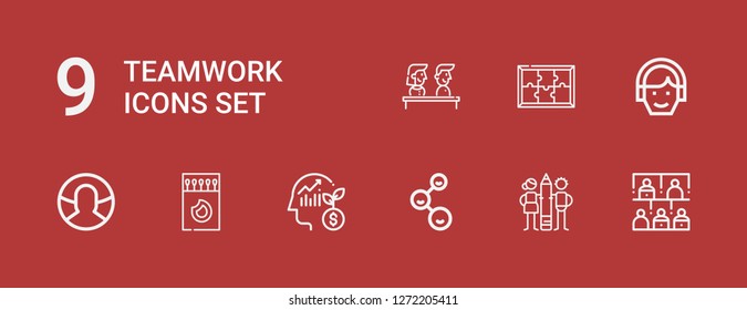 Editable 9 teamwork icons for web and mobile. Set of teamwork included icons line Audience, Teamwork, Friends, Employee, Matches, User, Avatar, Puzzle, Training on red background
