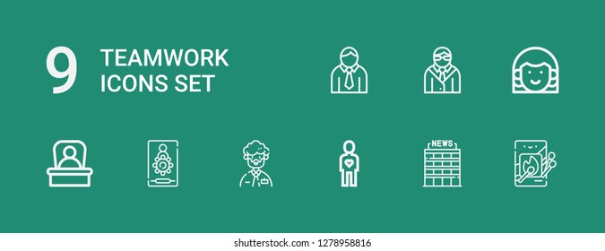 Editable 9 teamwork icons for web and mobile. Set of teamwork included icons line Matches, Office, Friend, Man, Admin, Boss, Avatar on green background