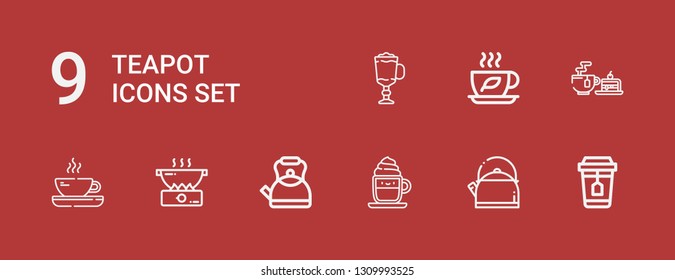 Editable 9 teapot icons for web and mobile. Set of teapot included icons line Tea, Kettle, Cappuccino, Cooking on red background