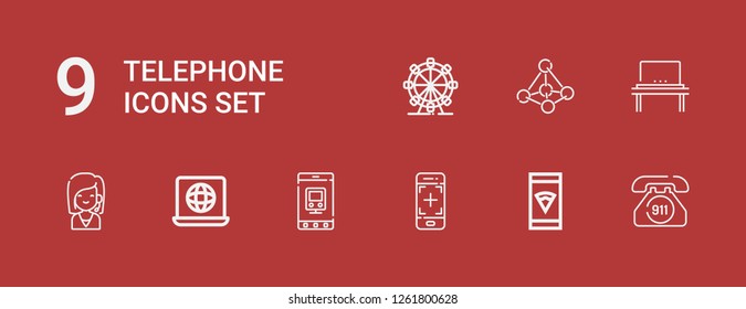 Editable 9 telephone icons for web and mobile. Set of telephone included icons line Emergency call, Smartphone, Mobile, Laptop, Call center, Contact, London eye on red background