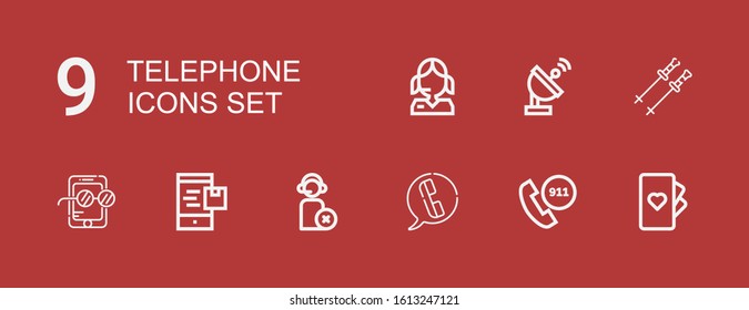 Editable 9 telephone icons for web and mobile. Set of telephone included icons line Cards, Emergency call, Telephone, Operator, Smartphone, Mobile, Poles, Satellite dish on red background