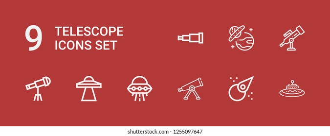 Editable 9 telescope icons for web and mobile. Set of telescope included icons line Ufo, Asteroid, Telescope on red background