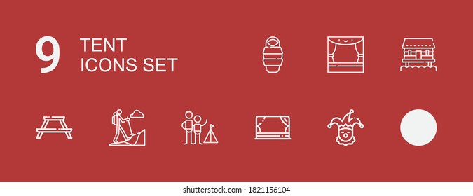 Editable 9 tent icons for web and mobile. Set of tent included icons line Tent, Clown, Stage, Camping, Hiking, Picnic table, Cabin, Sleeping bag on red background