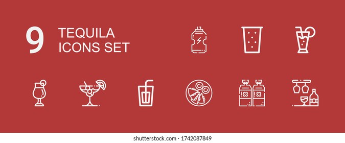 Editable 9 tequila Icons für Web und Mobile. Set mit Tequila Icons Line Bar, Alkoholische Getränke, Quesadilla, Soda, Cocktail, Drink auf rotem Hintergrund