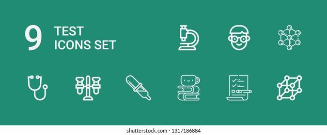 Editable 9 test icons for web and mobile. Set of test included icons line Cells, List, Homework, Pipette, Test tube, Stethoscope, Molecule, Student, Microscope on green background