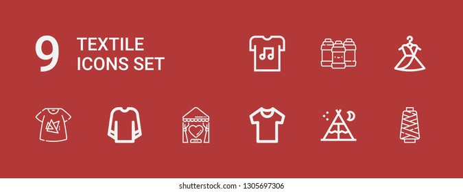 Editable 9 textile icons for web and mobile. Set of textile included icons line Thread, Tent, Shirt, Curtain, Sweatshirt, Tshirt, Dress, Acrylic on red background