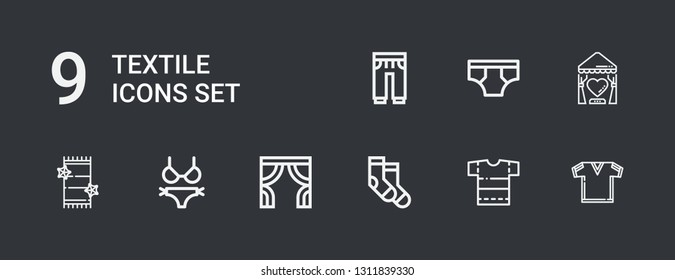 Editable 9 textile icons for web and mobile. Set of textile included icons line Tshirt, Shirt, Socks, Curtains, Bikini, Towel, Curtain, Underwear, Sweatpants on dark background