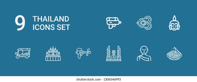 Editable 9 thailand icons for web and mobile. Set of thailand included icons line Pad thai, Monk, Democracy monument, Water gun, Thatbyinnyu temple, Tuk tuk on blue background