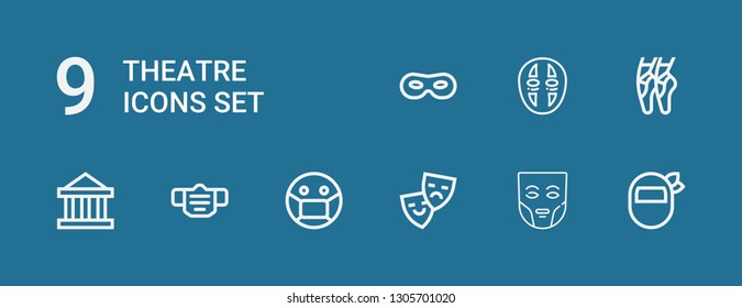 Editable 9 theatre icons for web and mobile. Set of theatre included icons line Mask, Theater, Ballet on blue background