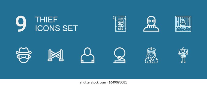Editable 9 thief icons for web and mobile. Set of thief included icons line Bandit, Police, Cowboy, Salesman, Police line, Prisoner, Burglar on blue background