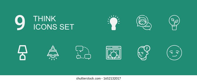 Editable 9 think icons for web and mobile. Set of think included icons line Smart, Mind, Idea, Chat, Lamp, Chat bubble on green background
