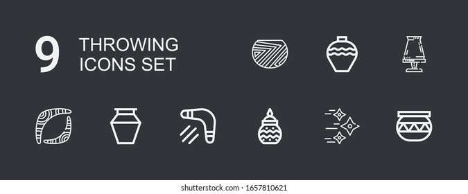 Editable 9 throwing icons for web and mobile. Set of throwing included icons line Pottery, Shuriken, Boomerang on dark background