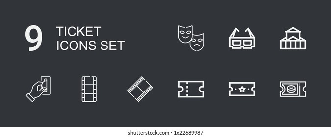 Editable 9 ticket icons for web and mobile. Set of ticket included icons line Ticket, Coupon, Movie film, Film, Insert coin, Theater, d glasses on dark background