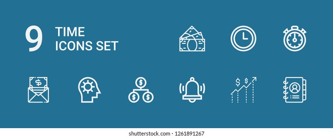 Editable 9 time icons for web and mobile. Set of time included icons line Agenda, Money, Alarm, Organization, Mind, Stopclock, Wall clock on blue background