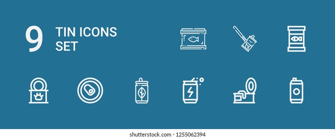 Editable 9 tin icons for web and mobile. Set of tin included icons line Energy drink, Tin, Can, Tinned food, Canned food, Soda can on blue background